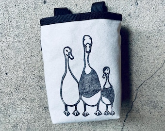 Handcarved Runner Ducks Linoprint Chalk Bag: Rock Climbing Canvas Pouch
