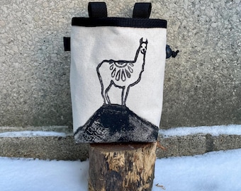 Handmade Llama Linoprint Chalk Bag: Canvas Climbing Gift
