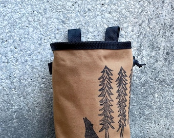 Handmade Wolf Forest Linoprint Chalk Bag: Rock Climbing