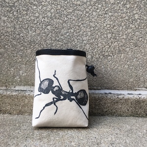 chalk bag, rock climbing chalk bag, chalkbag, climbers, climbing gifts, rock climbers, canvas chalkbag, linoprint, ant, insect,