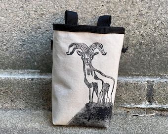 Handmade Ibex Linoprint Chalk Bag: Rock Climbing Gift