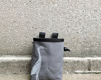 Handprinted Heron Chalk Bag, Linocut Bird, Rock Climbing