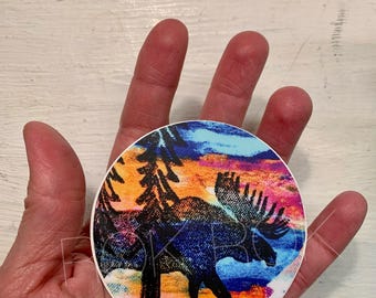 Moose Sunset Blockprint Sticker: Waterproof Wilderness Decal