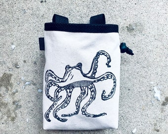 chalk bag, rock climbing chalk bag, chalkbag, climbers, climbing gifts, rock climbers, canvas chalkbag, linoprint, octopus