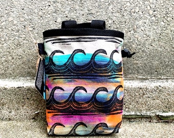 Handmade Waves Chalk Bag: Blockprint Rock Climbing Chalkbag