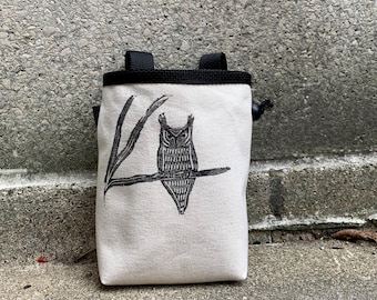 Owl Linoprint Chalk Bag: Handmade Canvas Rock Climbing Chalkbag
