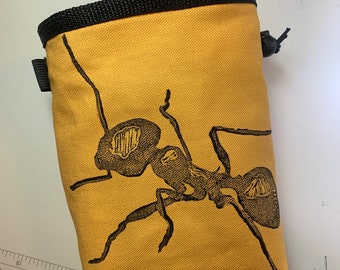 chalk bag, rock climbing chalk bag, chalkbag, climbers, climbing gifts, rock climbers, canvas chalkbag, linoprint, ant, insect,