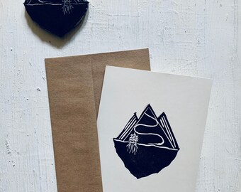 adventure, greeting card, blockprint card, handprinted card, mountains, flowers, clouds, waves, wilderness culture, cards,