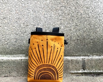 Handmade Sunrise Linoprint Chalk Bag: Orange Canvas Sunburst, Rock Climbing