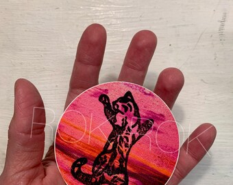 Blockprint Cat Climber Vinyl Sticker: Pink Sunset Design