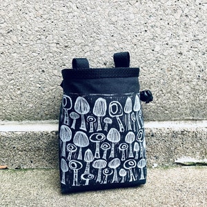 chalkbags, chalk bags, chalkbag, chalk bag, linoprint, mushrooms, linocut, blockprint, rockclimbing chalkbag