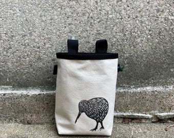 Handmade Kiwi Bird Blockprint Chalk Bag, Rock Climbing Canvas Chalk Pouch