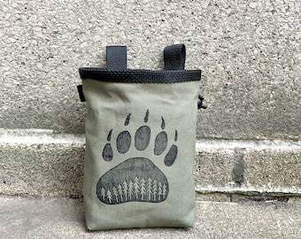 Handmade Linoprint Chalk Bag: Olive Green Canvas Bear Paw, Earth Tones