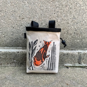 chalk bag, chalkbag, chalkbags, linoprint, koi, nature, fish, blockprinted, rock climbing chalk bag