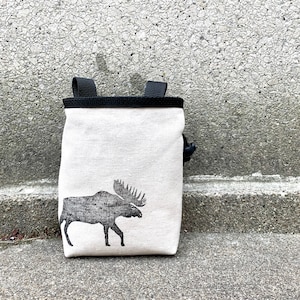 chalk bag, rock climbing chalk bag, chalkbag, climbers, climbing gifts, rock climbers, canvas chalkbag, linoprint, moose