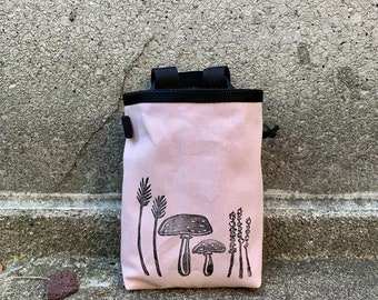 chalk bag, chalkbag, chalkbags, linoprint, mushrooms, nature, blockprinted, rock climbing chalk bag