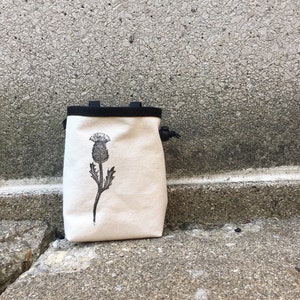 chalk bag, rock climbing chalk bag, linoprint, handcarved, blockprint, rock climbing chalk bag, thistle, wildflower chalkbag,
