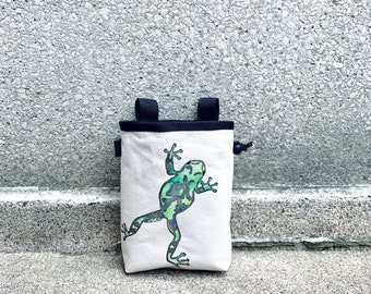 chalk bag, rock climbing chalkbag, chalkbags, linoprint, chalkbag, handcarved, blockprint, rock climbing, chalk bag, tree frog