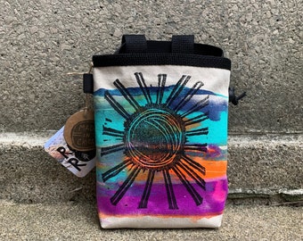 chalk bag, rock climbing chalkbag, chalkbags, linoprint, chalkbag, handcarved, blockprint, rock climbing, chalk bag, sun