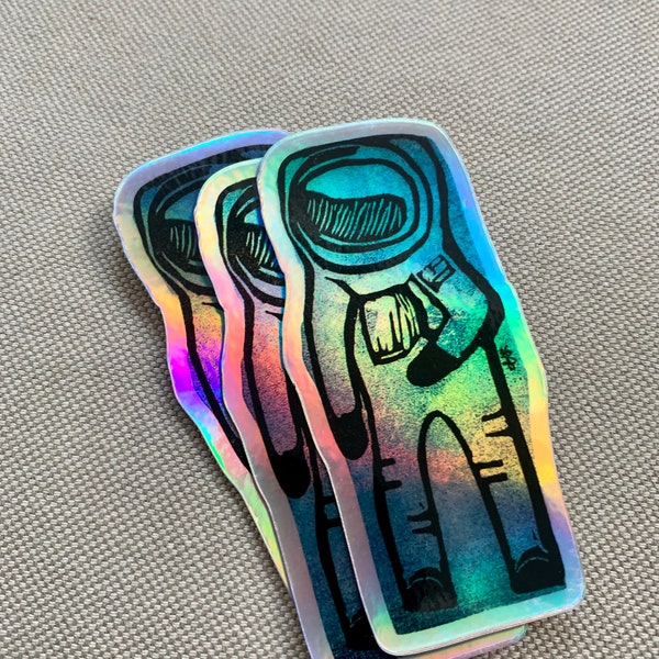 holographic vinyl sticker, sticker, abstract, astronaut , space , astronomy , blockprint, linoprint,  FREE SHIPPING