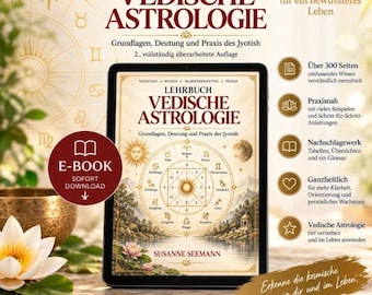 Puede incluir: Una tableta digital que muestra la portada del libro Lehrbuch Vedische Astrologie de Susanne Seemann. La portada presenta una rueda zodiacal central, un sol, una luna y una ilustración de paisaje con texto en alemán en la imagen.