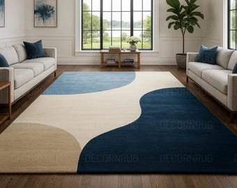 Blue Beige Wave Area Rug | Abstract Coastal Decor