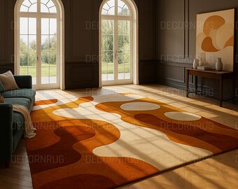 Retro Modern Area Rug, Abstract Curvy Shapes, Burnt Orange