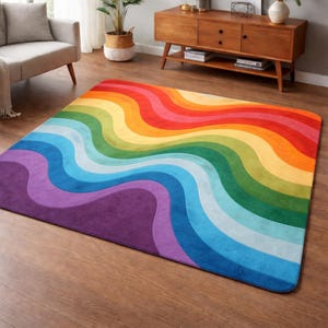 Alfombra rectangular abstracta arcoíris, alfombra moderna y colorida, alfombra con estampado ondulado, decoración vibrante para sala de estar, alfombra estética de moda 2026