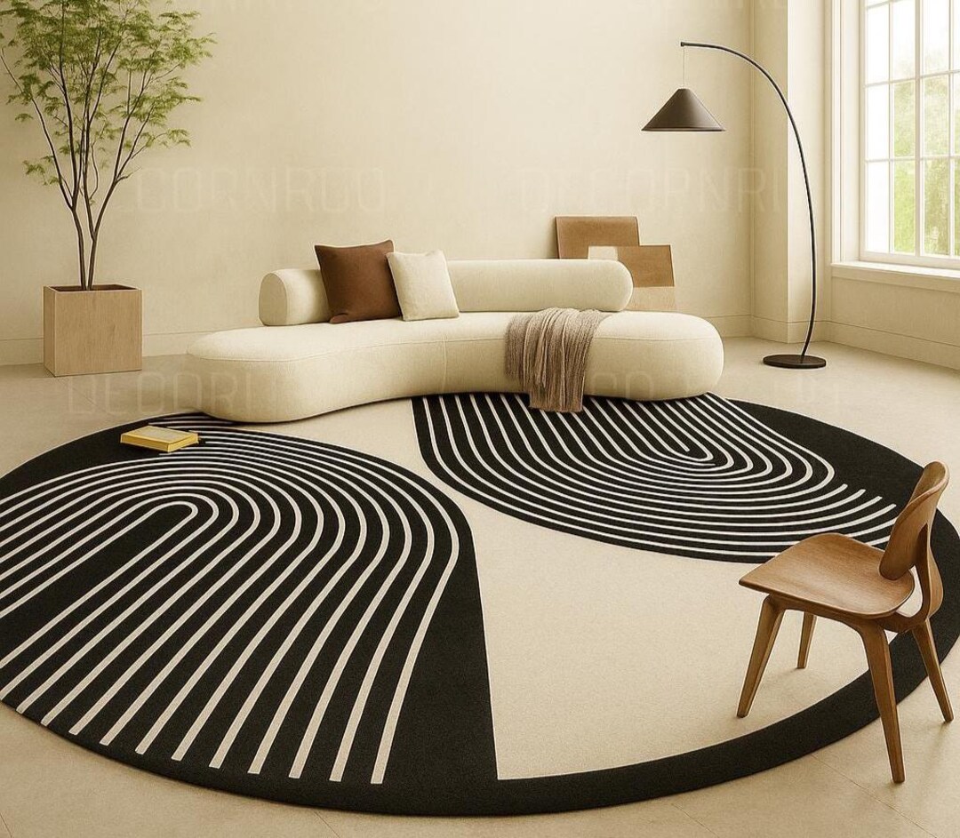 Thick Line Rug Abstract Line Round Rug | Modern Navy Beige Carpet - Etsy
