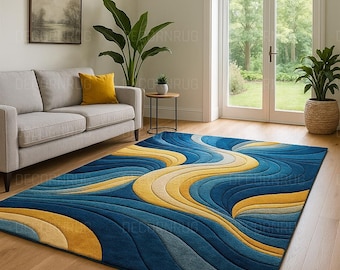 Blue and Yellow Wave Area Rug | Modern Abstract Design