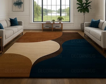 Abstract Wave Area Rug | Modern Blue Beige Carpet