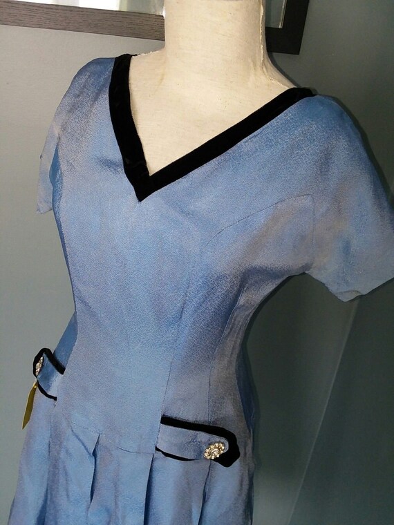Vintage 50s Iridescent Blue Dress Black Velvet Roc