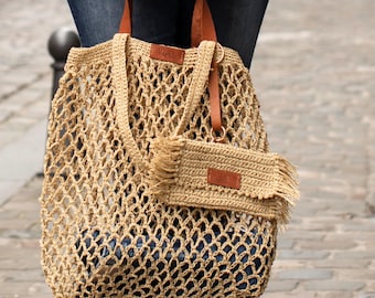 Straw Beach Bag & Raffia Clutch Set | Handmade Mesh Tote Bag for Women | Boho Summer Bag Set