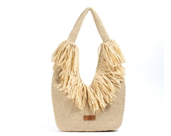 Handmade Raffia Fringe Bag: Crochet Hobo Beach Tote