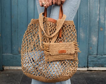 Straw Beach Bag & Raffia Clutch Set | Handmade Mesh Tote Bag for Women | Boho Summer Bag Set