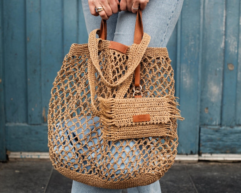 Handmade Summer Raffia Beach Bag Set | Straw Boho Mesh Tote & Clutch - Etsy