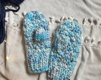 Blauer Strick Handgestrickte Damen Handschuhe [Merinowolle]