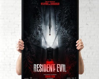Pode incluir: Um cartaz de filme emoldurado de Resident Evil apresentando uma estrada escura e nevada à noite com um carro a avançar. O texto diz FROM THE DIRECTOR OF WEAPONS AND BARBARIAN, RESIDENT EVIL, e EXCLUSIVELY IN CINEMAS COMING SOON FILMED FOR IMAX.