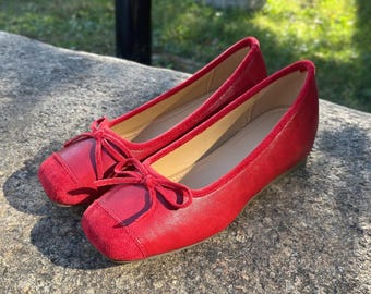 Rote Lederballerinas, Bogenflachen, Frauen-Quadratzehenfette, Bequeme Wohnungen