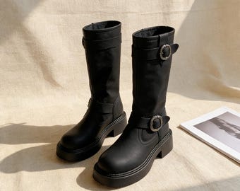Black Moto Boots, Mid Calf Biker Shoes, Buckle Strap Platform, Chunky Sole Walking Boot,Leather boots, Grunge Style