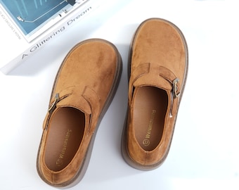 Mocassini slip-on in pelle scamosciata fatti a mano, comode scarpe marroni con fibbia, eleganti calzature casual per donna, perfetta idea regalo invernale