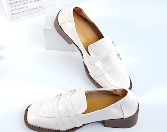 Handmade White Patent Leather Loafers,Vintage Double Buckle Flats,Square Toe Women’s Shoes,Comfortable Casual Flats,Christmas Gift for Her