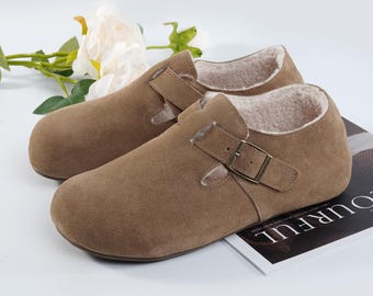 Mocasines de ante hechos a mano con forro polar, zapatos casuales sin cordones para mujer, bailarinas con detalle de hebilla, un regalo acogedor para ella en invierno, suaves y cómodos.