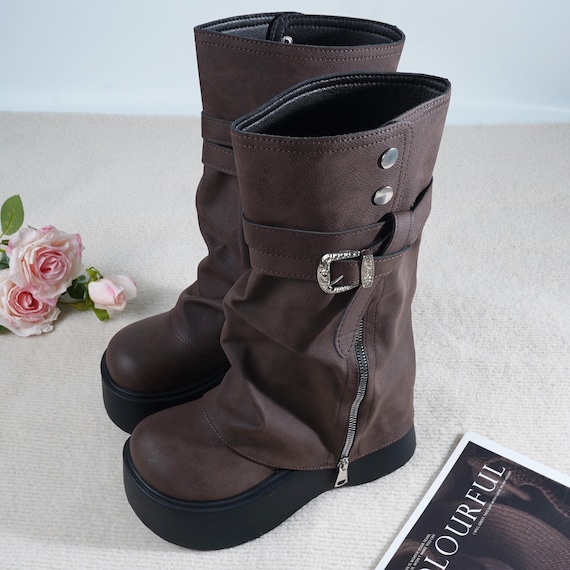 Handmade Brown Mid Calf Platform Boots for Women, Buckle Strap Zip Boots, Chunky Sole Casual Fall Winter Boots Gift for Her