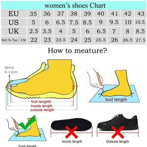 May include: A shoe size chart with EU, US, and UK sizes, along with measurements in centimeters. The chart includes instructions on how to measure foot length for women's shoes. The text reads: "CHOOSE THE RIGHT SIZE FOR YOU".