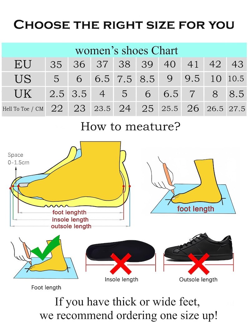 May include: A shoe size chart with EU, US, and UK sizes, along with measurements in centimeters. The chart includes instructions on how to measure foot length for women's shoes. The text reads: "CHOOSE THE RIGHT SIZE FOR YOU".
