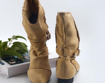 Ręcznie robione buty z prawdziwej skóry zamszowej dla kobiet, miękkie, luźne buty w stylu boho, składane botki ze skóry bydlęcej, wygodne buty na jesień i zimę, prezent dla niej