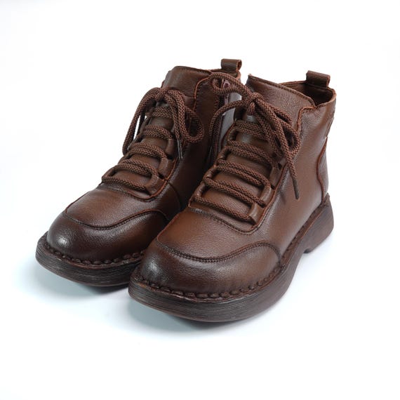 Real Leather Handmade Ankle Boots for Women, Brown Cowhide Winter Walking Booties, Soft Sole Comfort Shoes, Vintage Casual Leather Gift