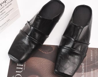 Handmade Black Leather Square Toe Flats, Elegant Slip-On Loafers, Comfortable, Fashionable, Versatile, Perfect Gift for Her, Trendy Footwear