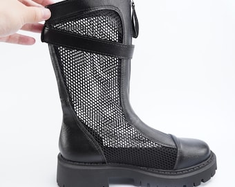 Bottes femme, Bottes punk gothiques en résille, Bottes de combat en cuir faites main, Bottes plates-formes noires à talons épais, Chaussures de festival, Cadeau pour elle